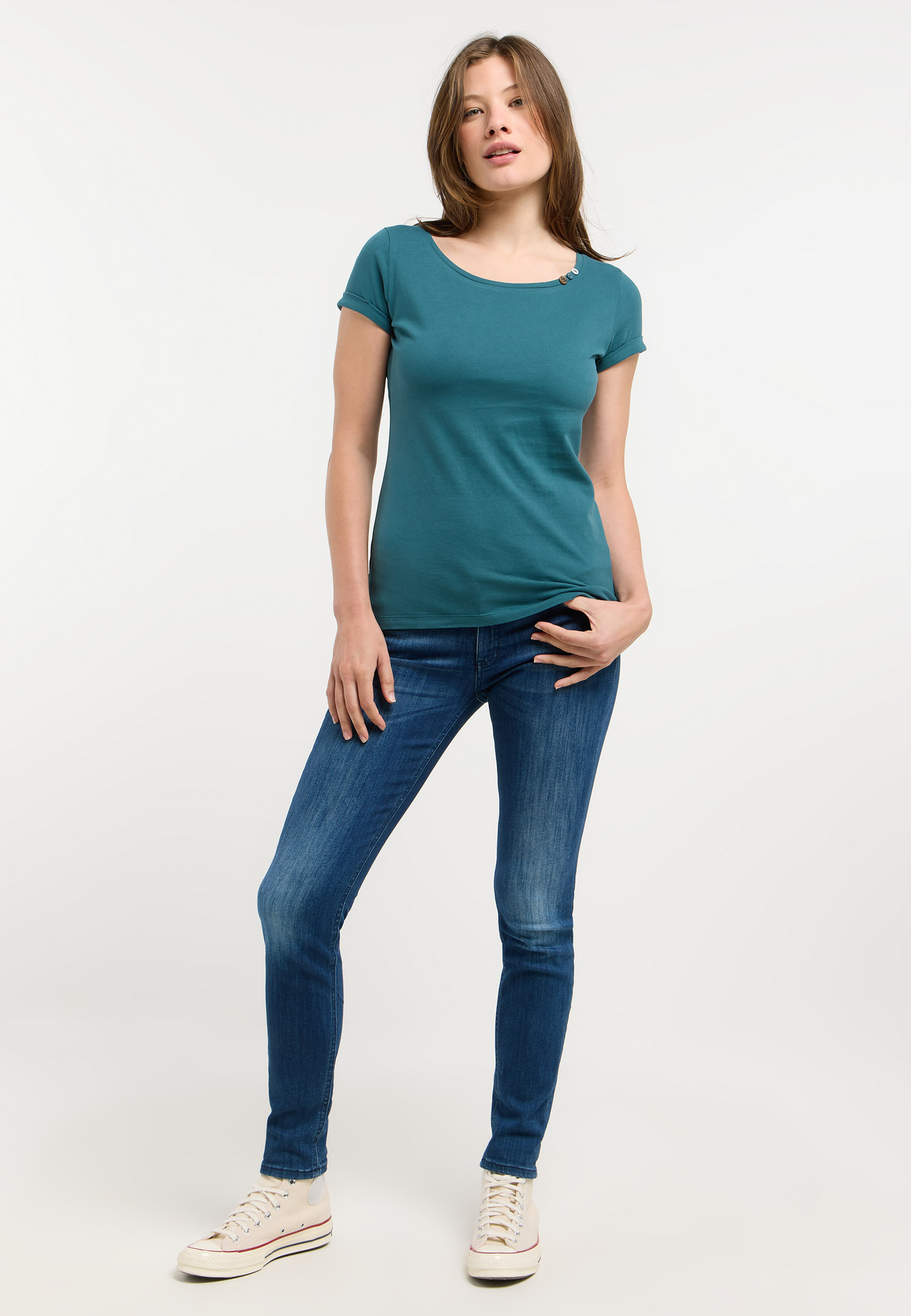 FLLORAH GOTS Maglietta Base Cotone Biologico | T-Shirt Donna Con Polsini Arrotolati