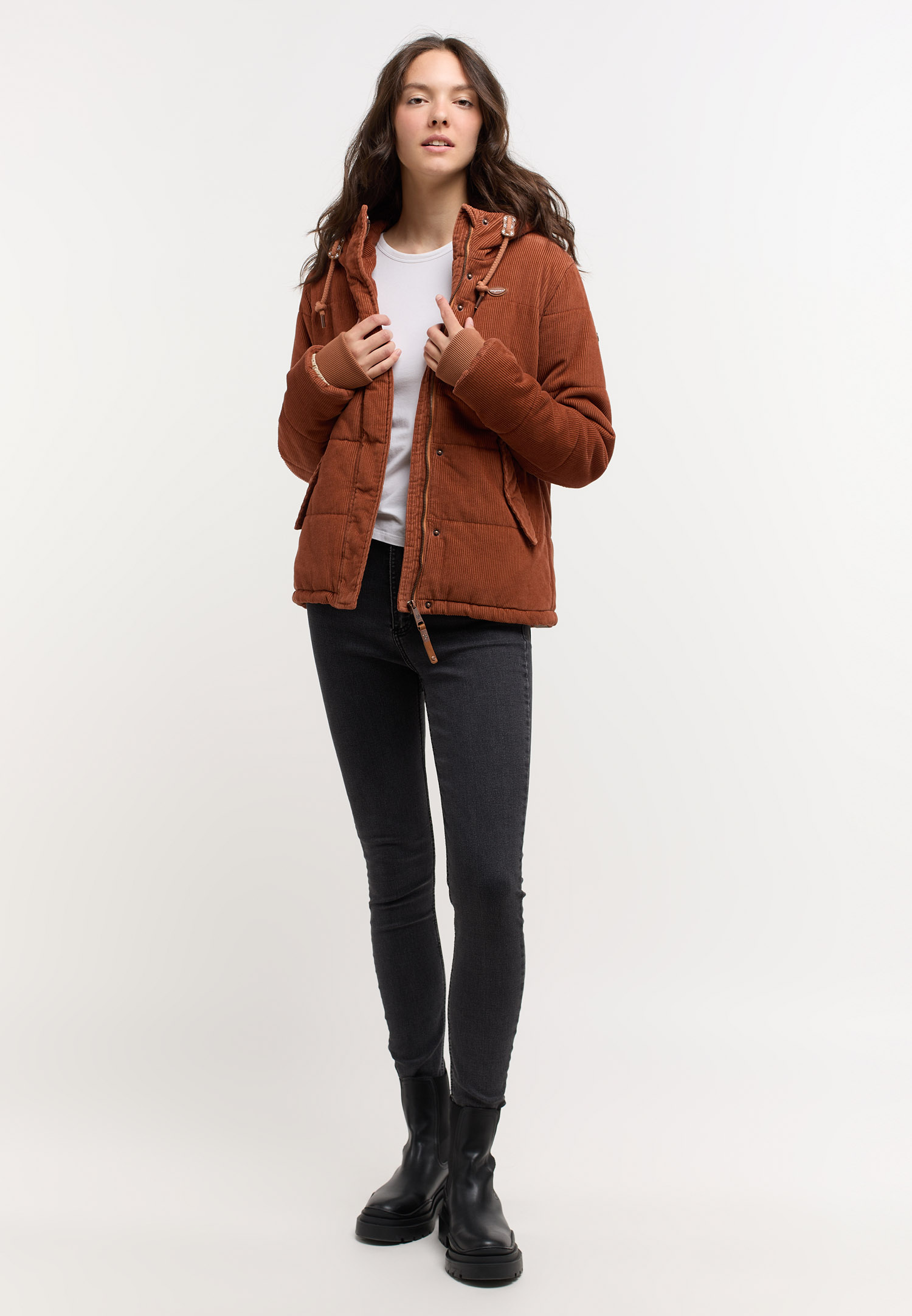 Ragwear Ellsie Cordy YOUMODO Warme winterjas voor dames, waterdicht, met teddybont gevoerde parka van corduroy met capuchon, XS-3XL, dark olive, S